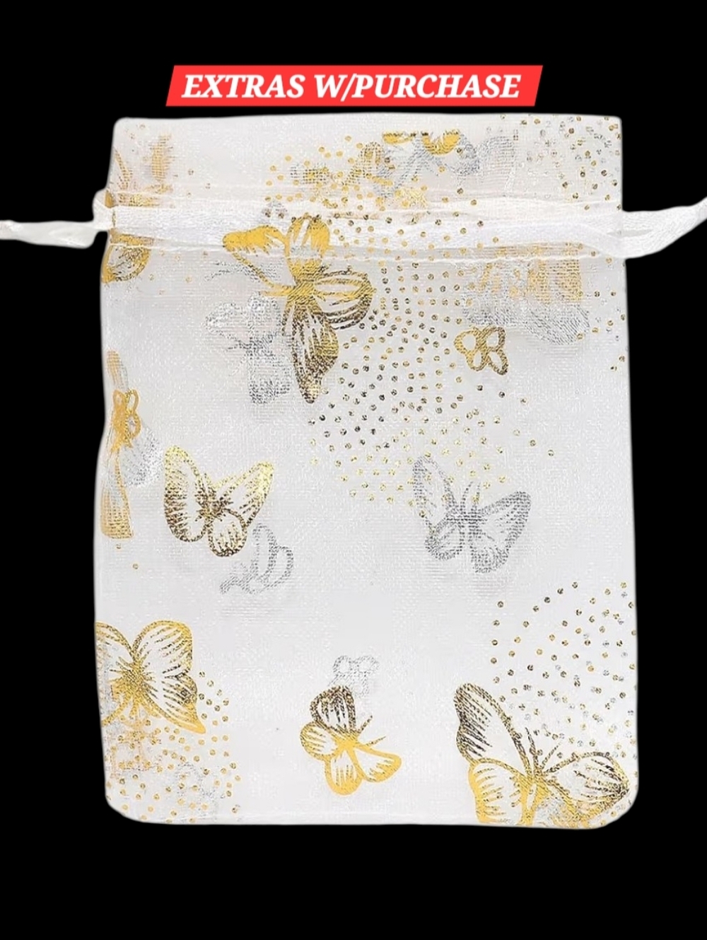 20ct. White Organza Gold Butterfly Print Drawstring Jewelry Bag 4x4.7